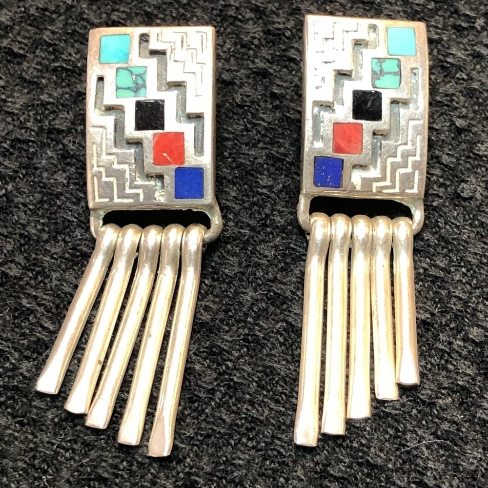Teme Navajo Silver Geometric Earrings with Multicolor Accents